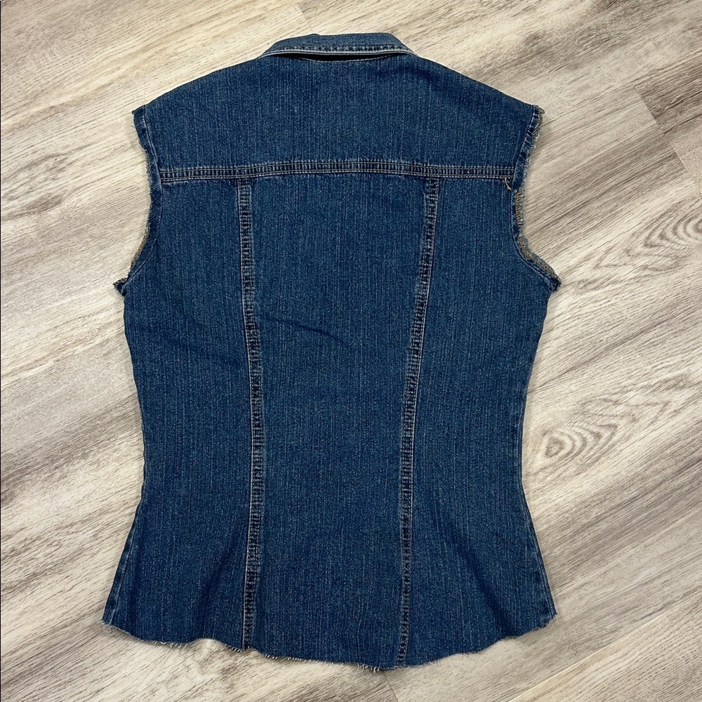 Vintage 90s BONGO Denim Corset Style Vest Button Front Raw Hem Sleeveless Blouse - Picture 4 of 10